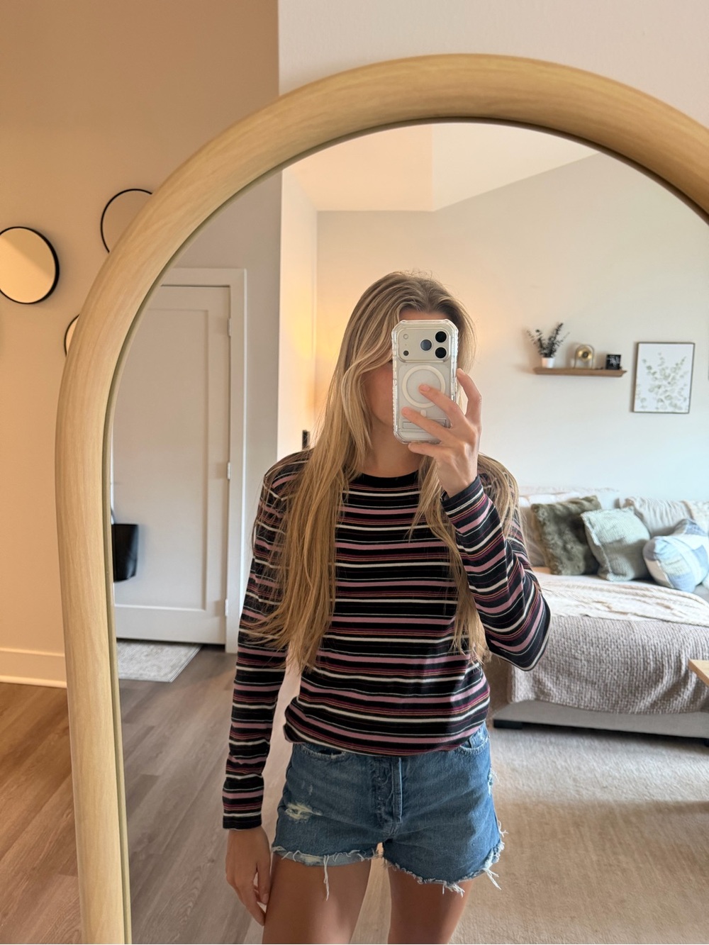 a new day Striped Long-Sleeve Crewneck Top in Black, Pink and Gray